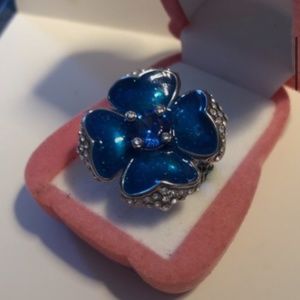 Lotus flower ring blue enamel white & blue. Sapphires  sterling silver sz6